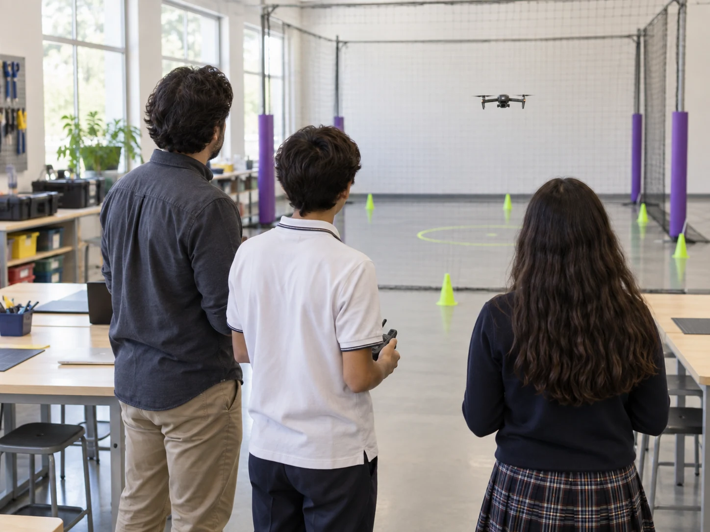 Estudiantes de espaldas practicando con un dron en un espacio escolar.