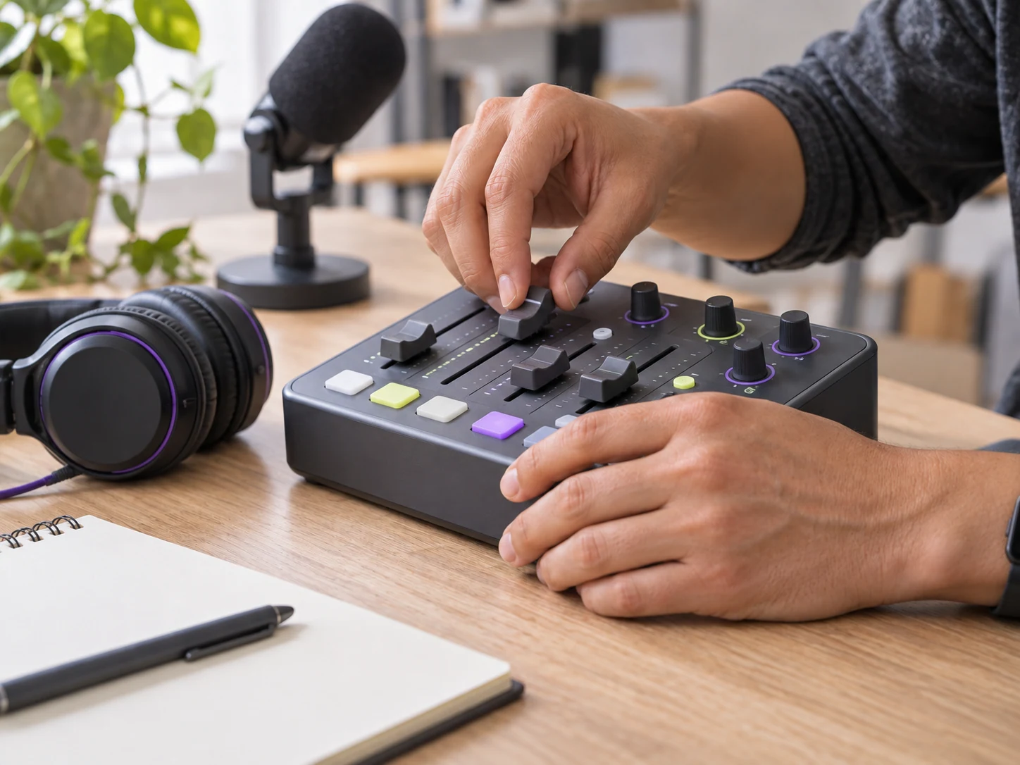 Manos ajustando una mezcladora de audio durante una capacitación.