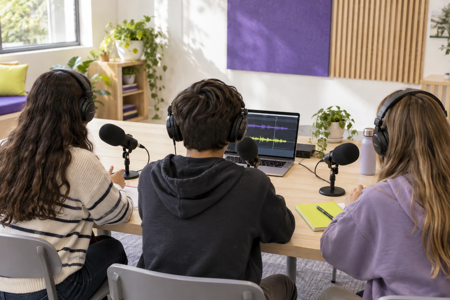 Estudiantes de espaldas grabando un podcast escolar.
