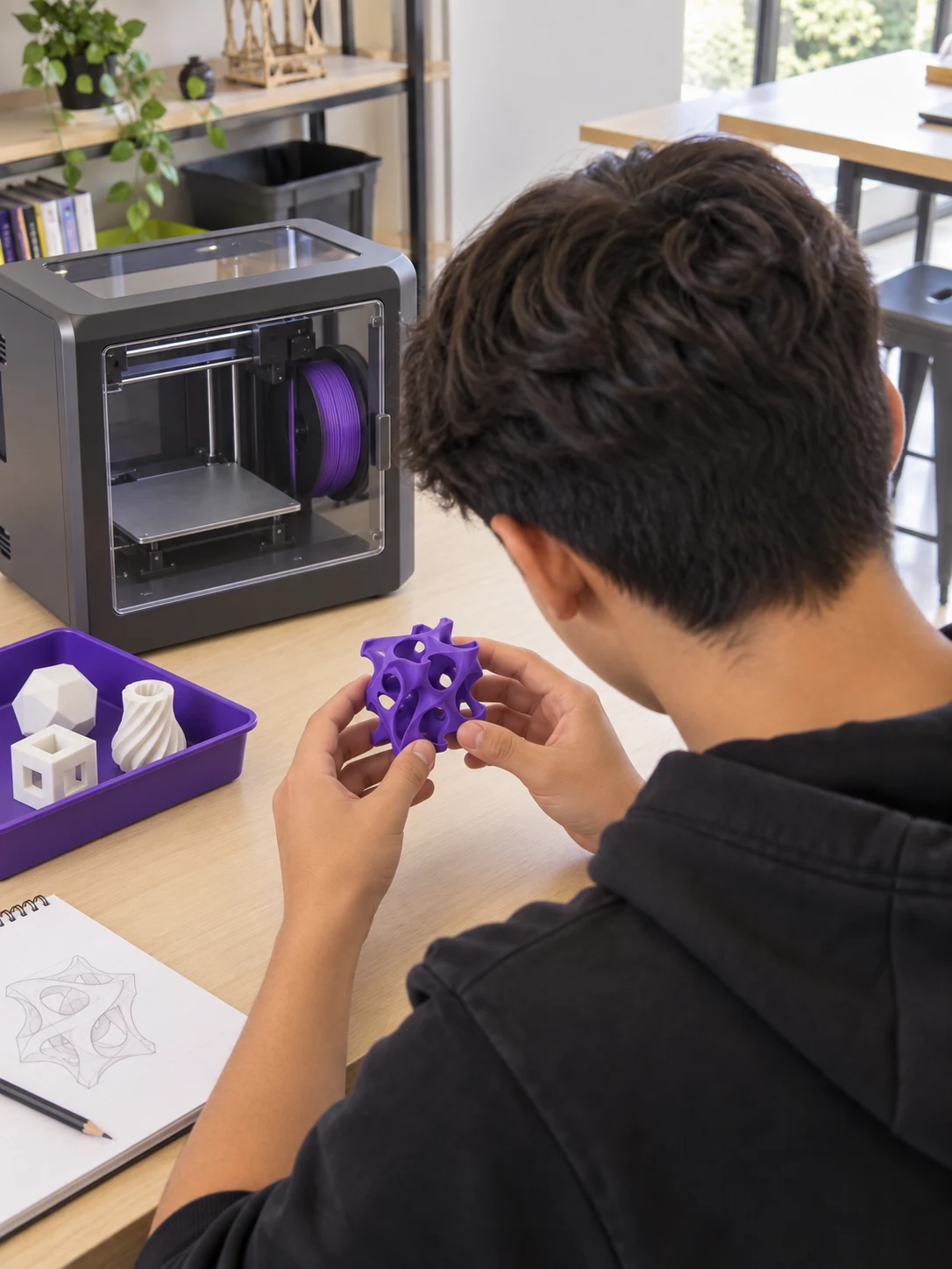 Estudiante de espaldas examinando una pieza impresa en 3D.