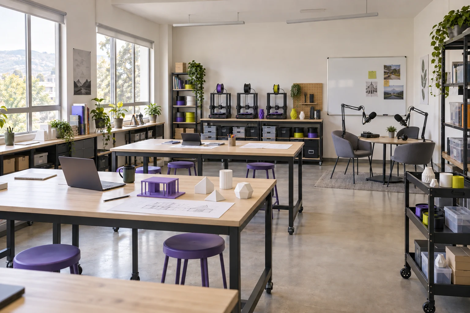 Laboratorio escolar con zonas de fabricación digital y podcast.